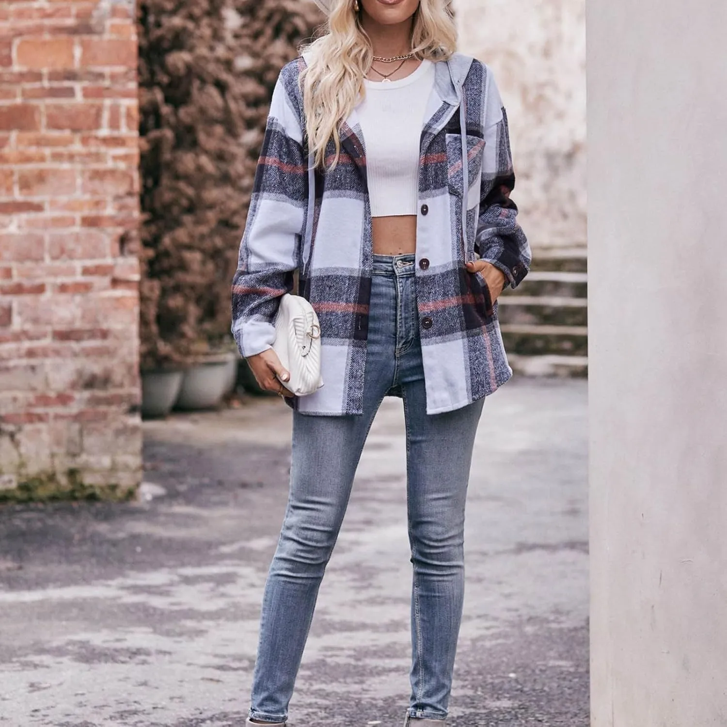Women's Long Sleeve Plaid Hoodie Jacket Button Down Blouse Tops Drawstring Casual Fall Boyfriend Shirts with Pocket