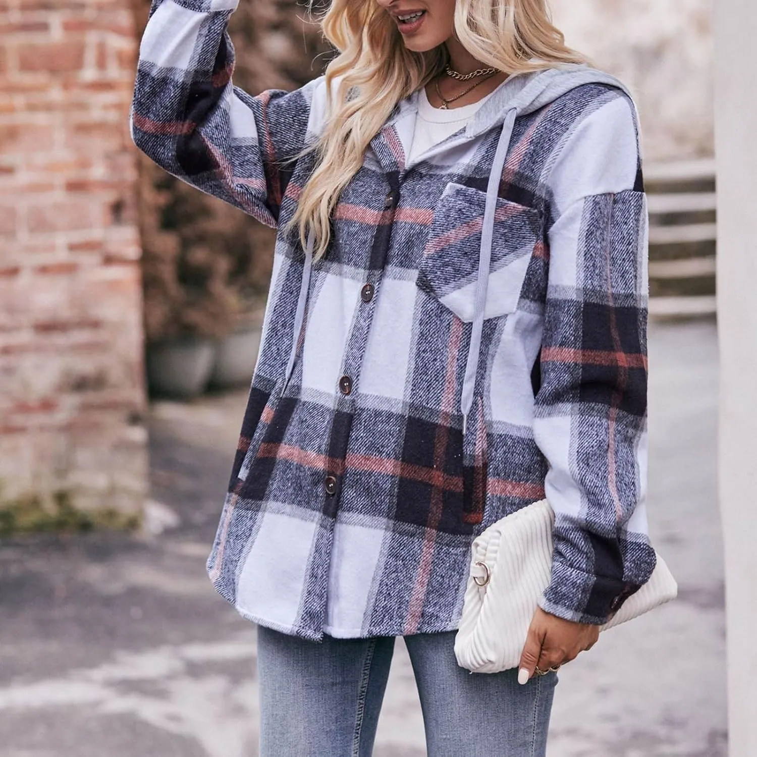 Women's Long Sleeve Plaid Hoodie Jacket Button Down Blouse Tops Drawstring Casual Fall Boyfriend Shirts with Pocket
