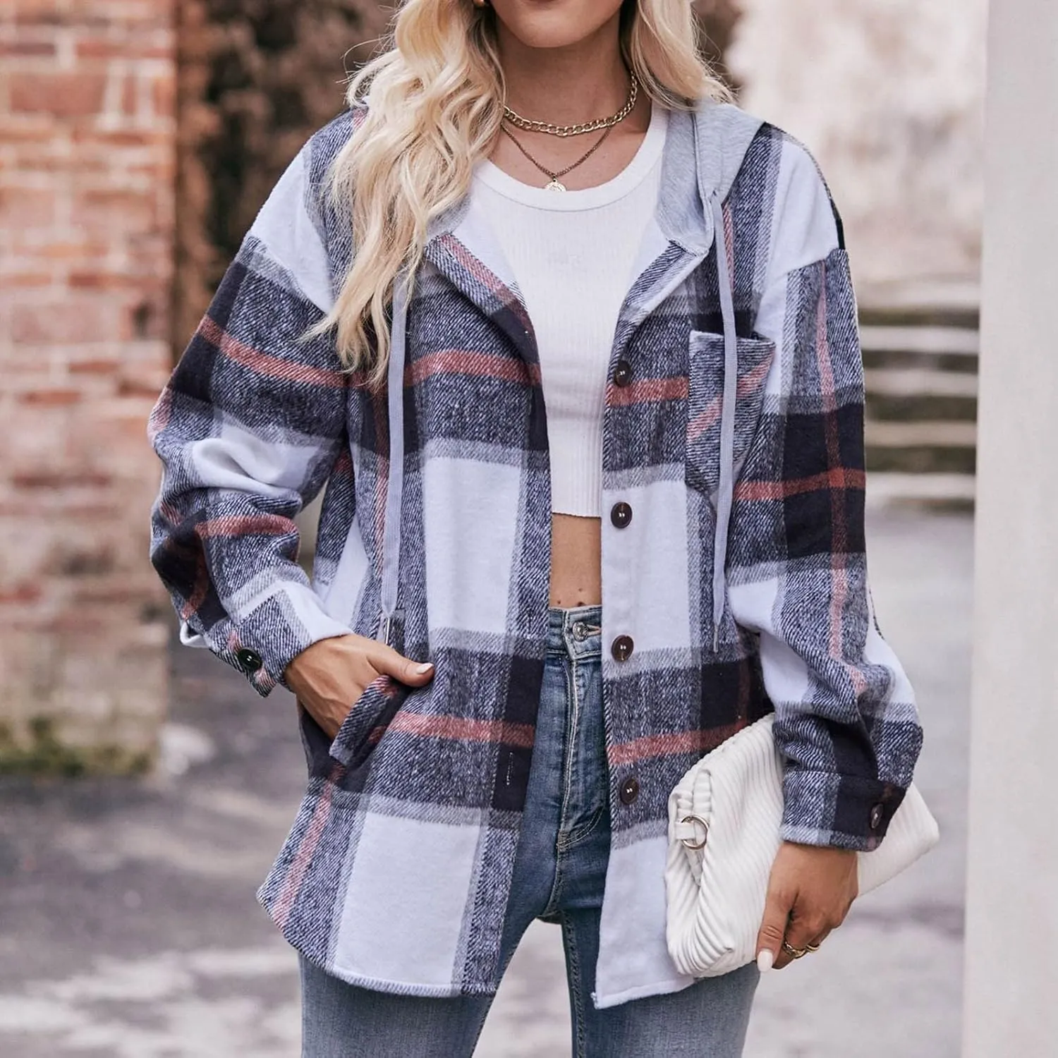 Women's Long Sleeve Plaid Hoodie Jacket Button Down Blouse Tops Drawstring Casual Fall Boyfriend Shirts with Pocket