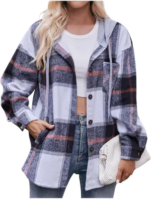 Women's Long Sleeve Plaid Hoodie Jacket Button Down Blouse Tops Drawstring Casual Fall Boyfriend Shirts with Pocket