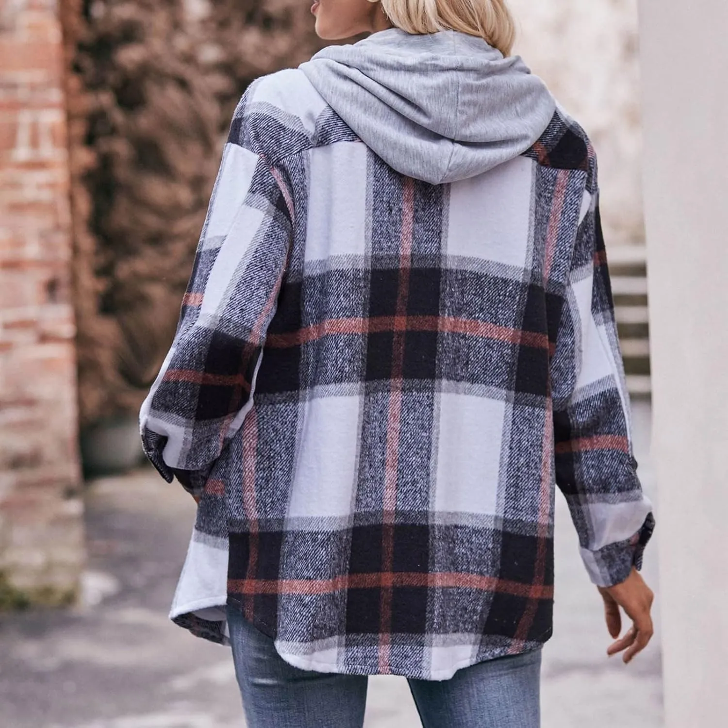 Women's Long Sleeve Plaid Hoodie Jacket Button Down Blouse Tops Drawstring Casual Fall Boyfriend Shirts with Pocket
