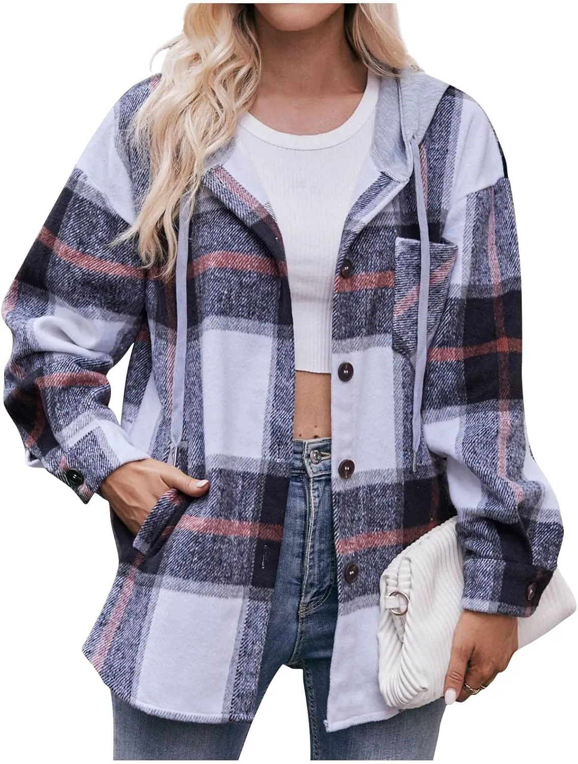 Women's Long Sleeve Plaid Hoodie Jacket Button Down Blouse Tops Drawstring Casual Fall Boyfriend Shirts with Pocket