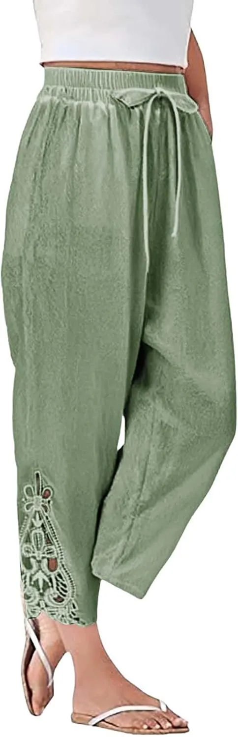 Women’s Loose Casual Wide Leg Pants Loose Lightweight Comfy Elastic Waist Cropped Trousers with Pockets 2025
