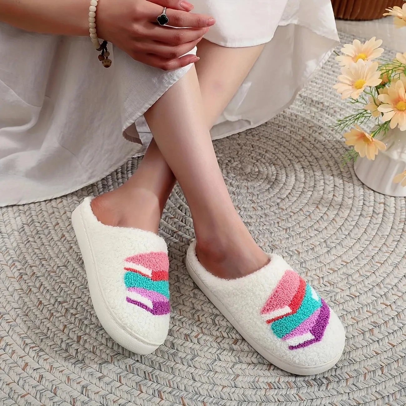Womens Mens Cute Flowers Slippers Retro Memory Foam Cartoon Comfort Slippers Fuzzy Warm Plush Couple House Shoes
