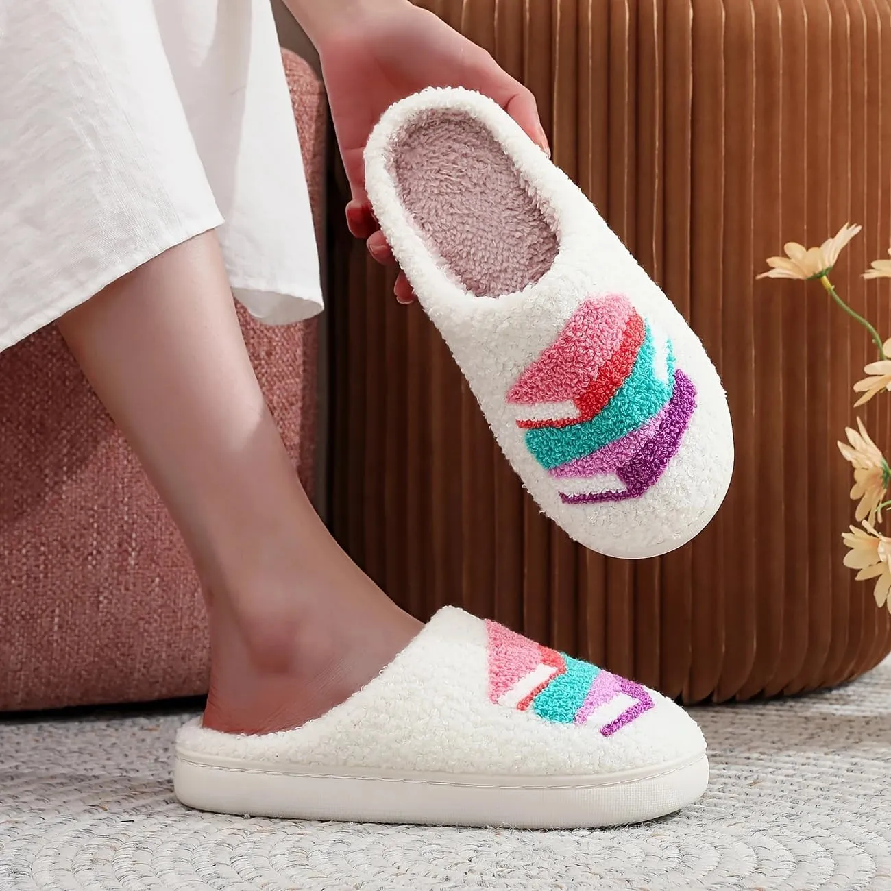 Womens Mens Cute Flowers Slippers Retro Memory Foam Cartoon Comfort Slippers Fuzzy Warm Plush Couple House Shoes