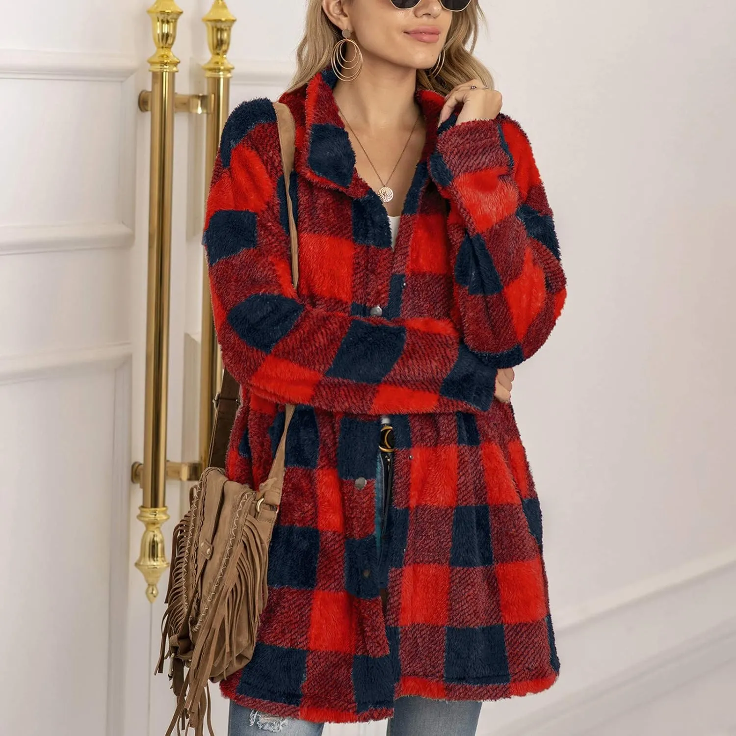 Womens Oversized Button Down Plaid Shirts Casual Blouse Tops 2024 Fall Clothes Shacket Jacket Long Sleeve Shirts