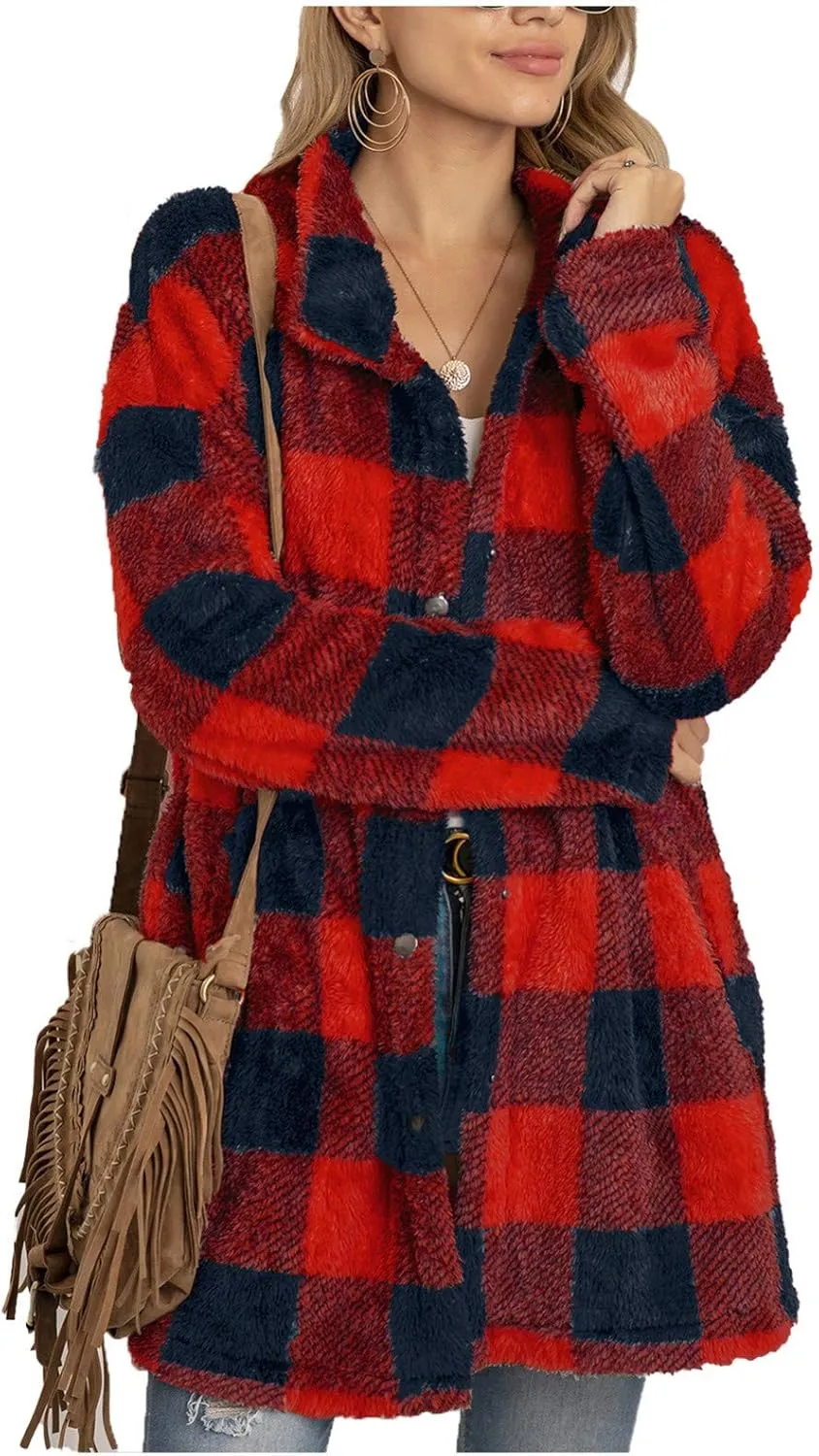 Womens Oversized Button Down Plaid Shirts Casual Blouse Tops 2024 Fall Clothes Shacket Jacket Long Sleeve Shirts