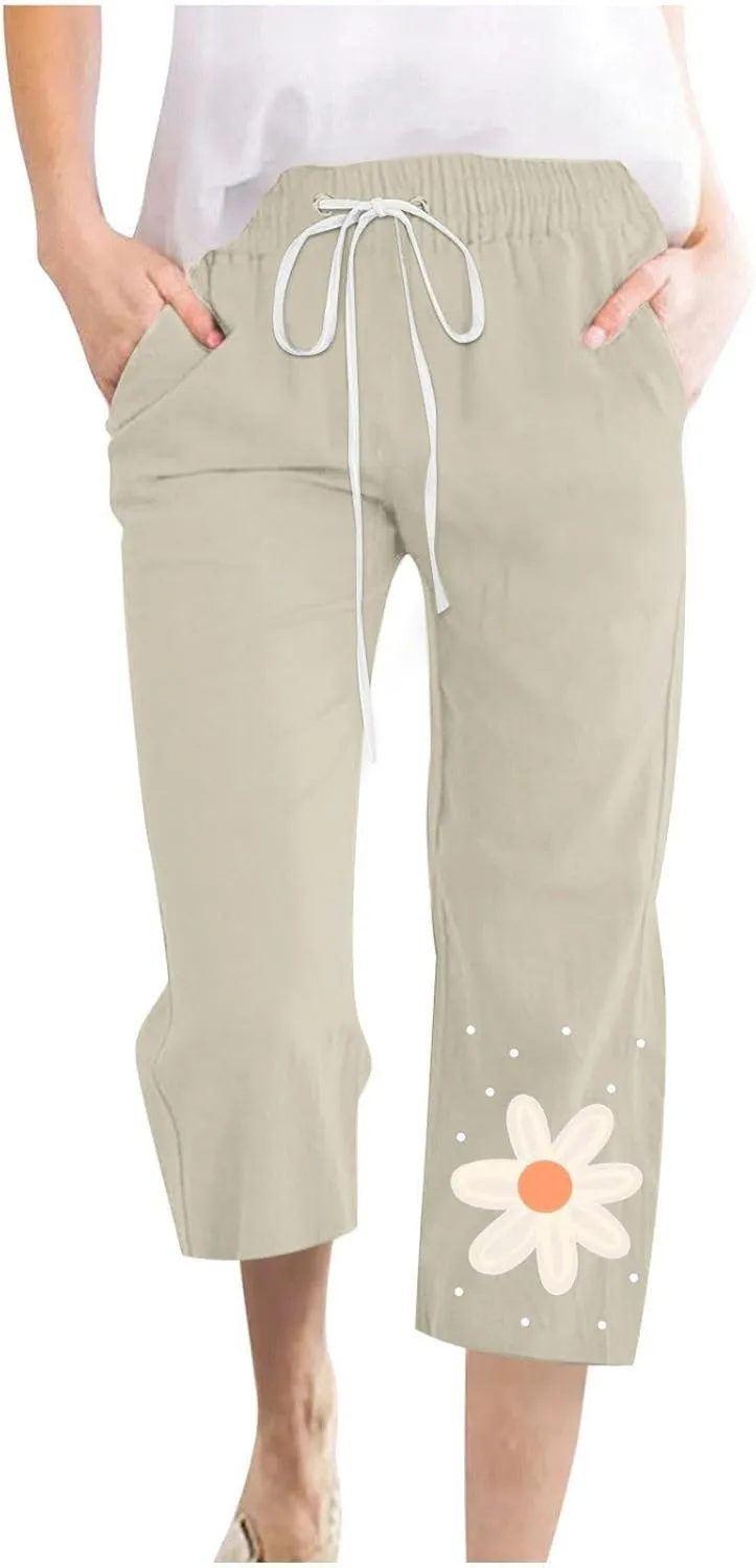 Womens Pants Drawstring Casual Lightweight Straight Leg Pants Loose Comfy Heart-Shaped Print Trousers with Pockets