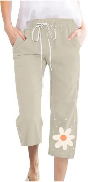 Womens Pants Drawstring Casual Lightweight Straight Leg Pants Loose Comfy Heart-Shaped Print Trousers with Pockets