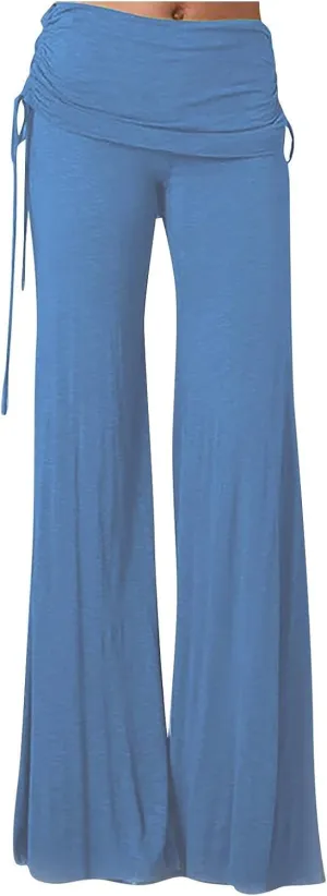Women's Pleated Wide Leg Palazzo Pants High Waisted Flare Yoga Leggings Summer Casual Trendy Trousers