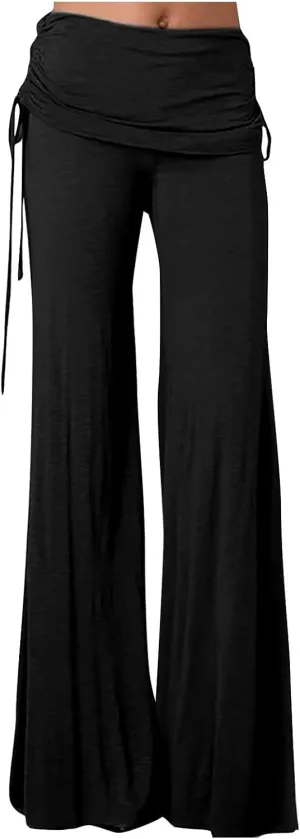 Women's Pleated Wide Leg Palazzo Pants High Waisted Flare Yoga Leggings Summer Casual Trendy Trousers