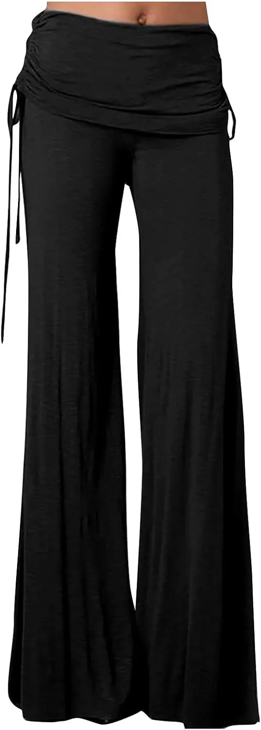 Women's Pleated Wide Leg Palazzo Pants High Waisted Flare Yoga Leggings Summer Casual Trendy Trousers