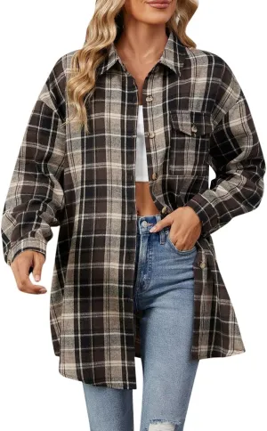 Womens Plus Size Button Down Flannel Plaid Long Sleeve Shirts Oversized Loose Casual Long Jacket Shacket Coats