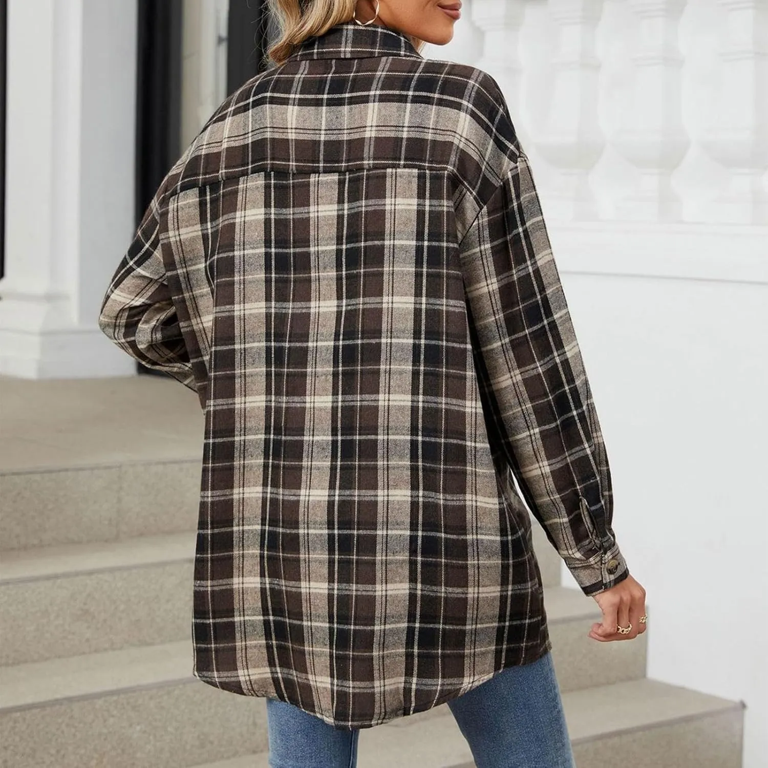 Womens Plus Size Button Down Flannel Plaid Long Sleeve Shirts Oversized Loose Casual Long Jacket Shacket Coats