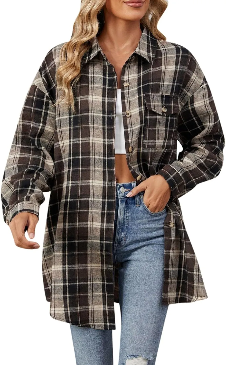 Womens Plus Size Button Down Flannel Plaid Long Sleeve Shirts Oversized Loose Casual Long Jacket Shacket Coats
