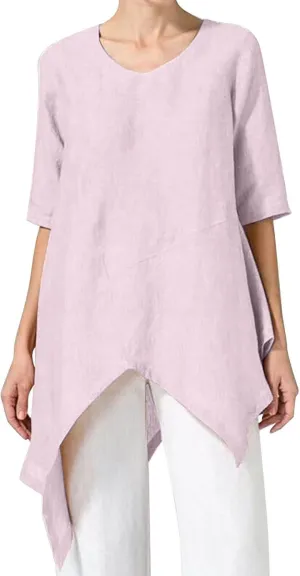 Womens Plus Size Cotton Linen Shirts Loose Fit High Low Irregular Hem Boyfriend Shirts Summer Beach Cover Ups