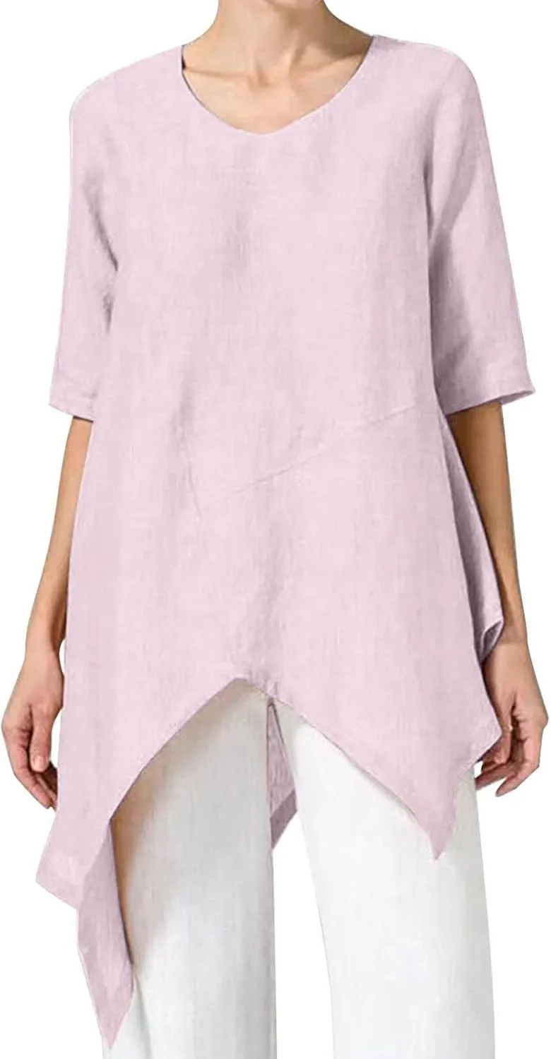 Womens Plus Size Cotton Linen Shirts Loose Fit High Low Irregular Hem Boyfriend Shirts Summer Beach Cover Ups
