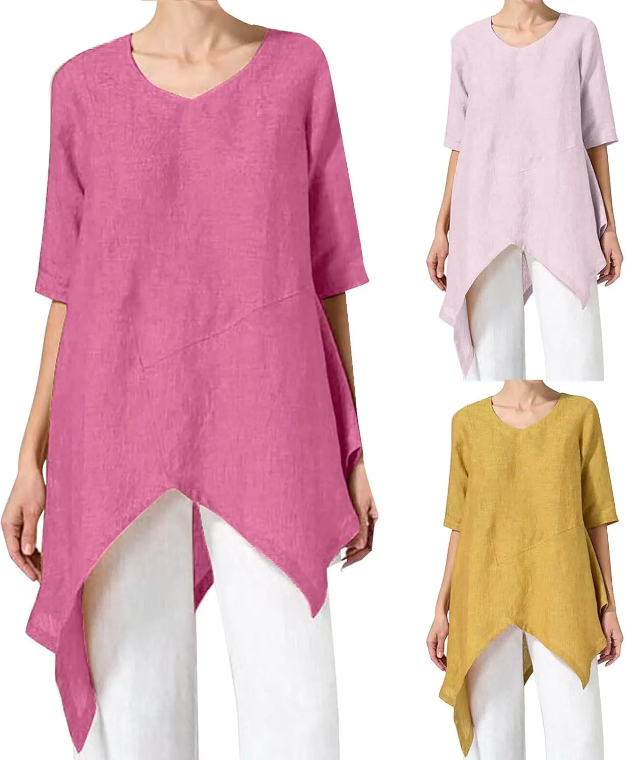 Womens Plus Size Cotton Linen Shirts Loose Fit High Low Irregular Hem Boyfriend Shirts Summer Beach Cover Ups