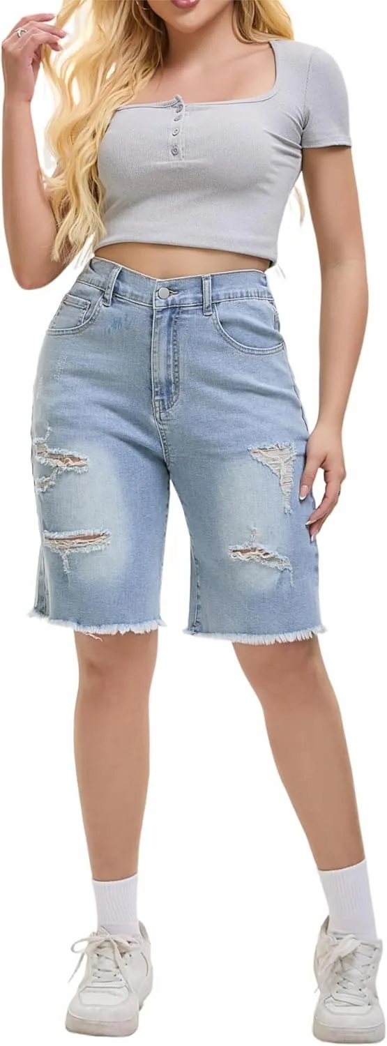 Women's Raw Hem Denim Jean Short Summer Casual Ripped Distressed Bermuda Brazilian Butt Lifting Cut Off Hot Shorts