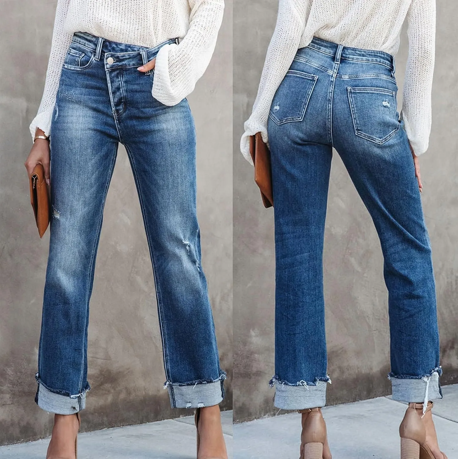 Women's Ripped Jeans Baggy Mid Waist Jeans Wide Leg Loose Boyfriend Denim Pants Straight Cropped Barrel Jeans, S-XL