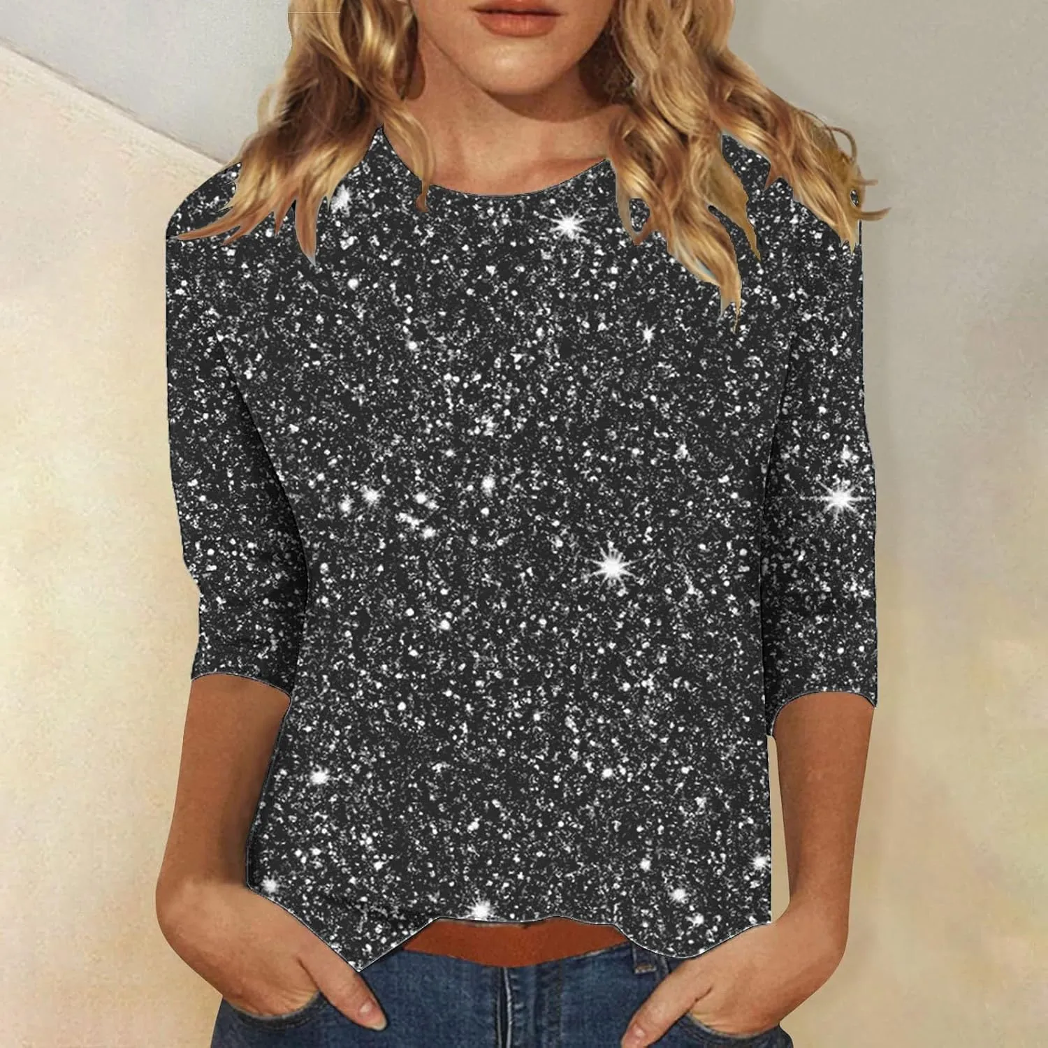Womens Sparkle T Shirts Casual Glitter Dressy Flowy Tops Comfy Round Neck Long Sleeve Blouse Trendy 2024 Fall Clothes