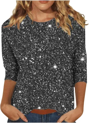 Womens Sparkle T Shirts Casual Glitter Dressy Flowy Tops Comfy Round Neck Long Sleeve Blouse Trendy 2024 Fall Clothes