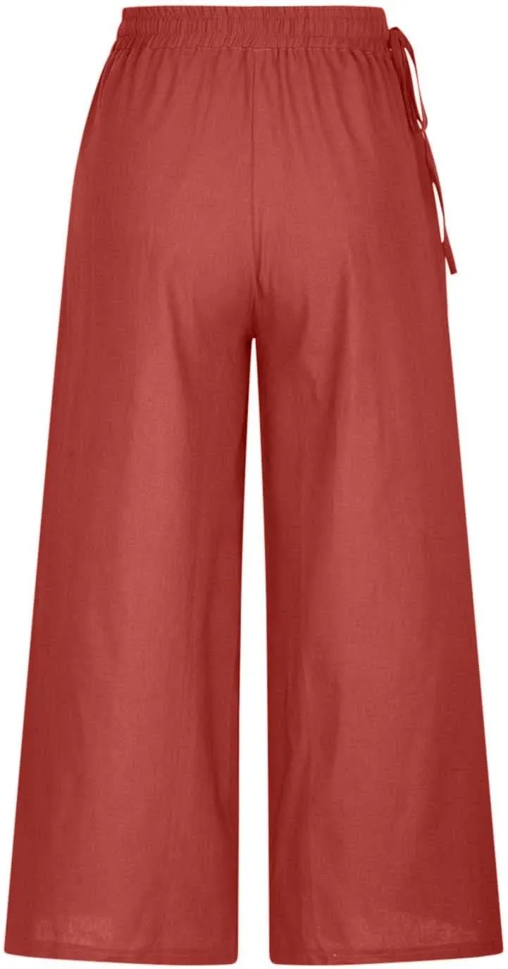 Womens Straight-Leg Pull-on Pants Cotton Linen Trousers Palazzo Lounge Pants Slacks Summer Casual Comfy Loose Pants