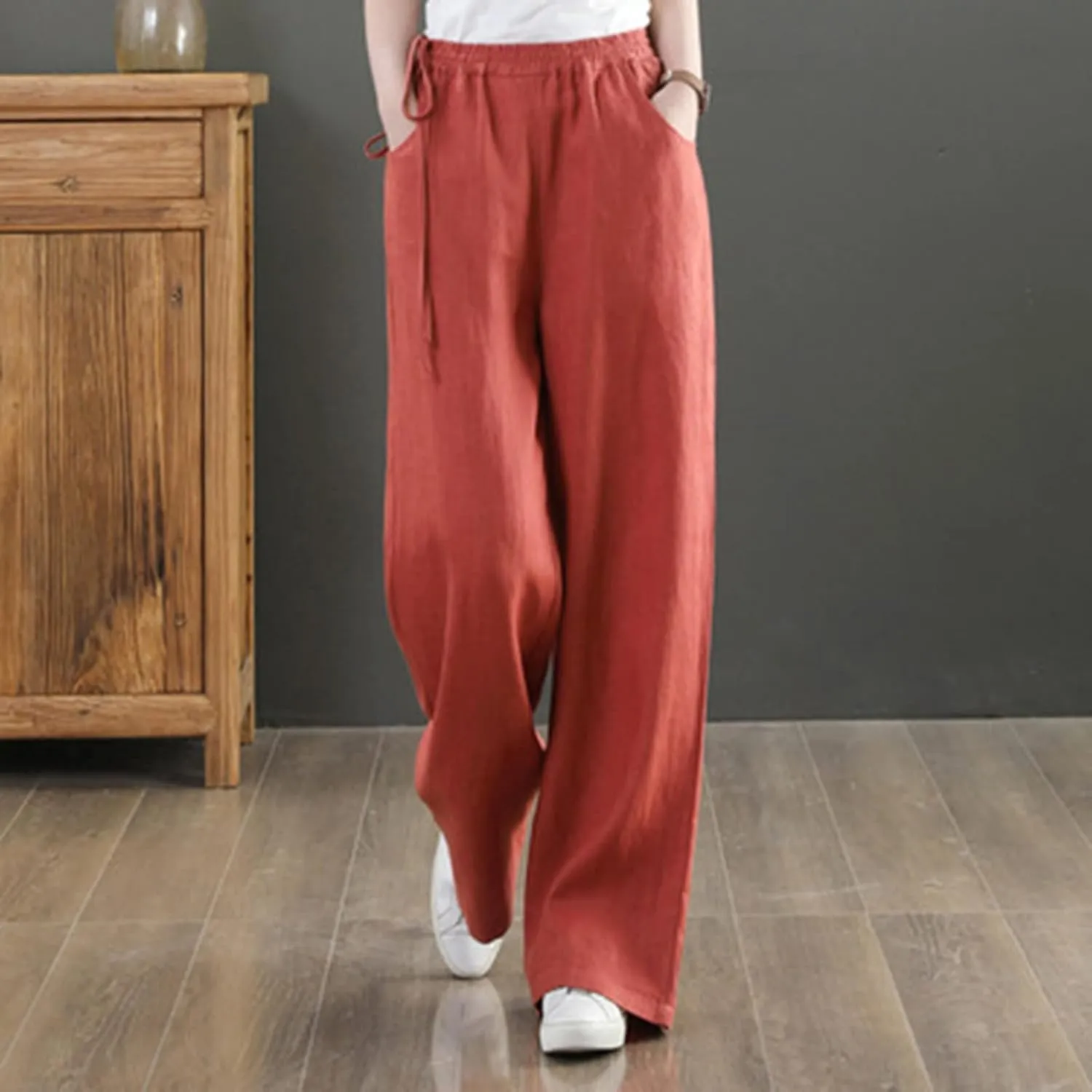 Womens Straight-Leg Pull-on Pants Cotton Linen Trousers Palazzo Lounge Pants Slacks Summer Casual Comfy Loose Pants