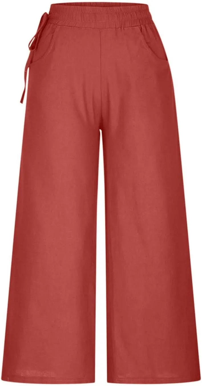 Womens Straight-Leg Pull-on Pants Cotton Linen Trousers Palazzo Lounge Pants Slacks Summer Casual Comfy Loose Pants