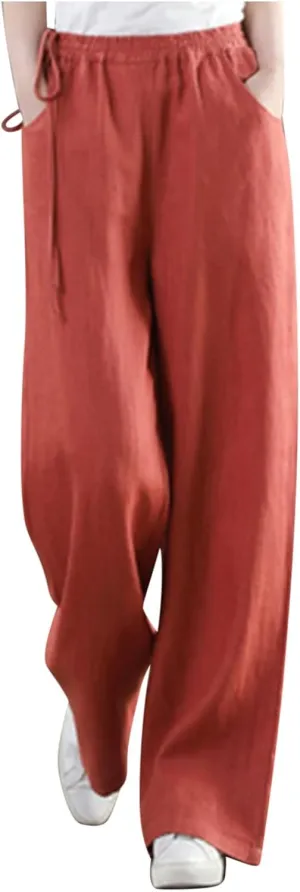 Womens Straight-Leg Pull-on Pants Cotton Linen Trousers Palazzo Lounge Pants Slacks Summer Casual Comfy Loose Pants