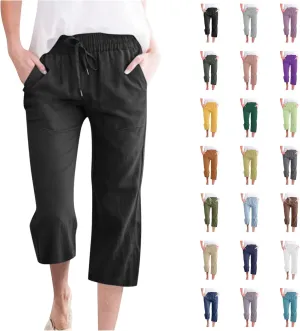 Womens Summer Capri Pants Casual Cotton Linen Tapered High Waist Drawstring Cinch Bottom Loose Trouser with Pockets