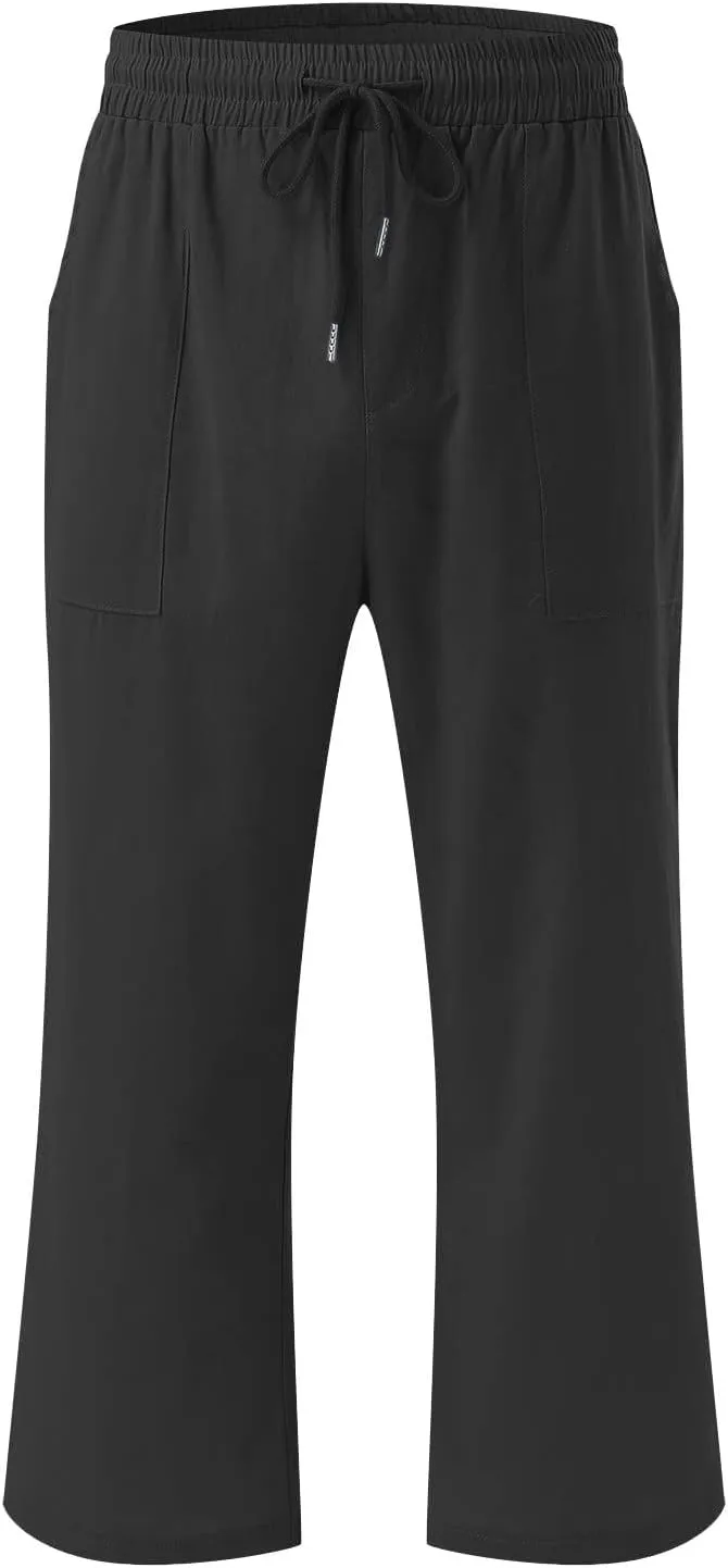 Womens Summer Capri Pants Casual Cotton Linen Tapered High Waist Drawstring Cinch Bottom Loose Trouser with Pockets