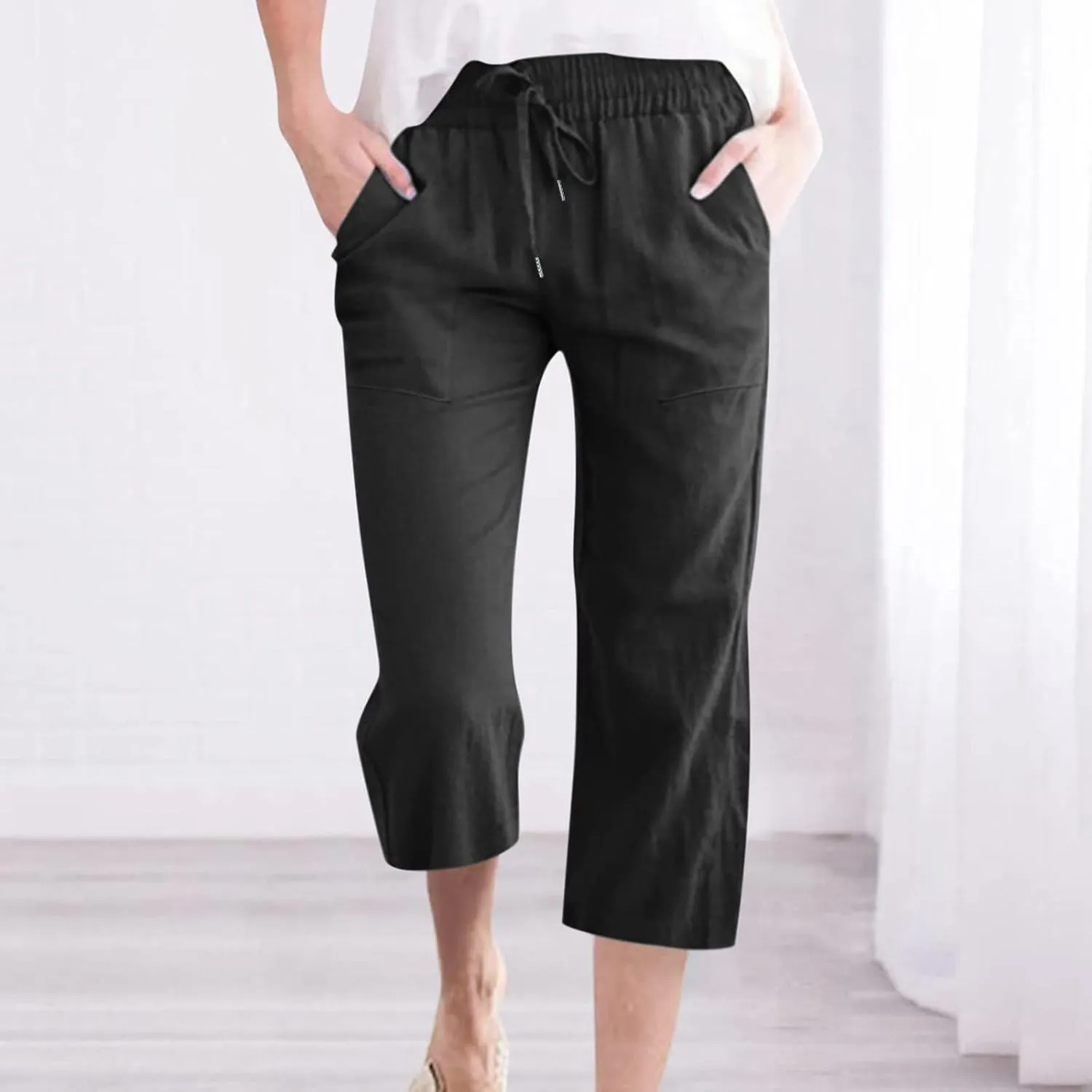 Womens Summer Capri Pants Casual Cotton Linen Tapered High Waist Drawstring Cinch Bottom Loose Trouser with Pockets
