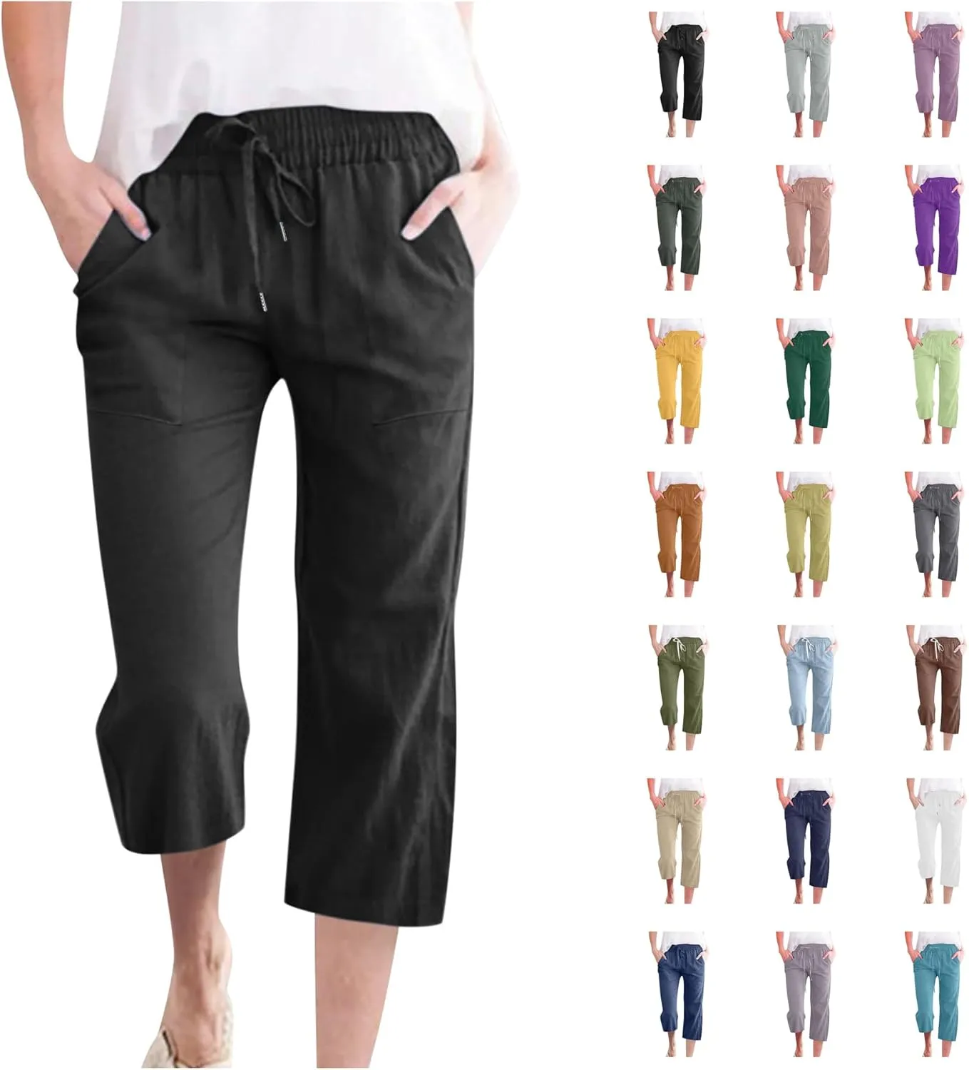 Womens Summer Capri Pants Casual Cotton Linen Tapered High Waist Drawstring Cinch Bottom Loose Trouser with Pockets