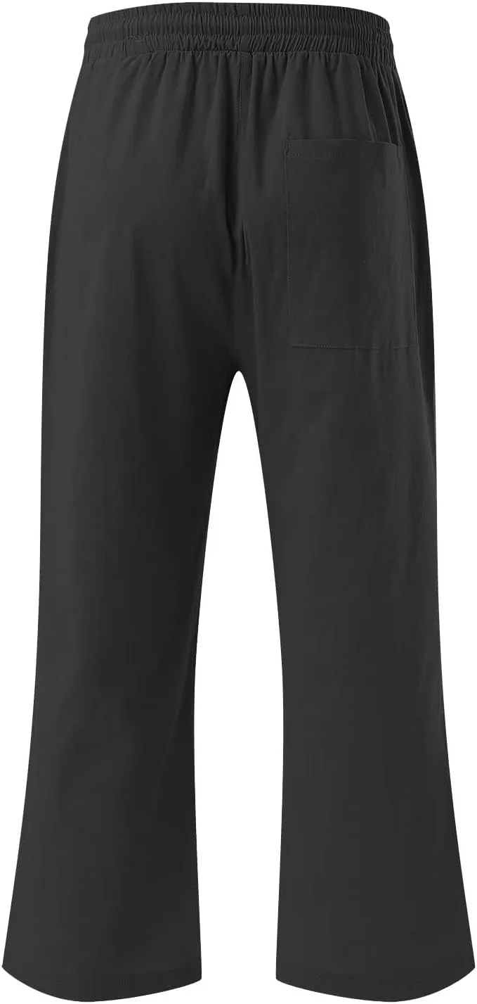 Womens Summer Capri Pants Casual Cotton Linen Tapered High Waist Drawstring Cinch Bottom Loose Trouser with Pockets
