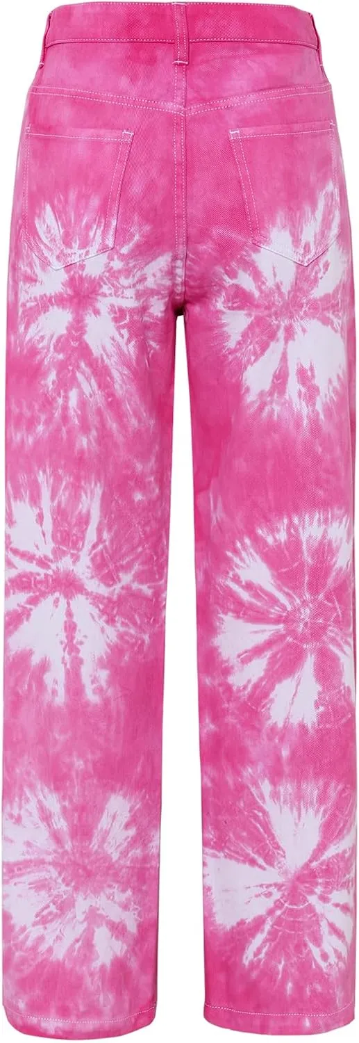 Women's Tie Dye High Waist Straight Denim Wide Leg Pants Casual Long Denim Pant