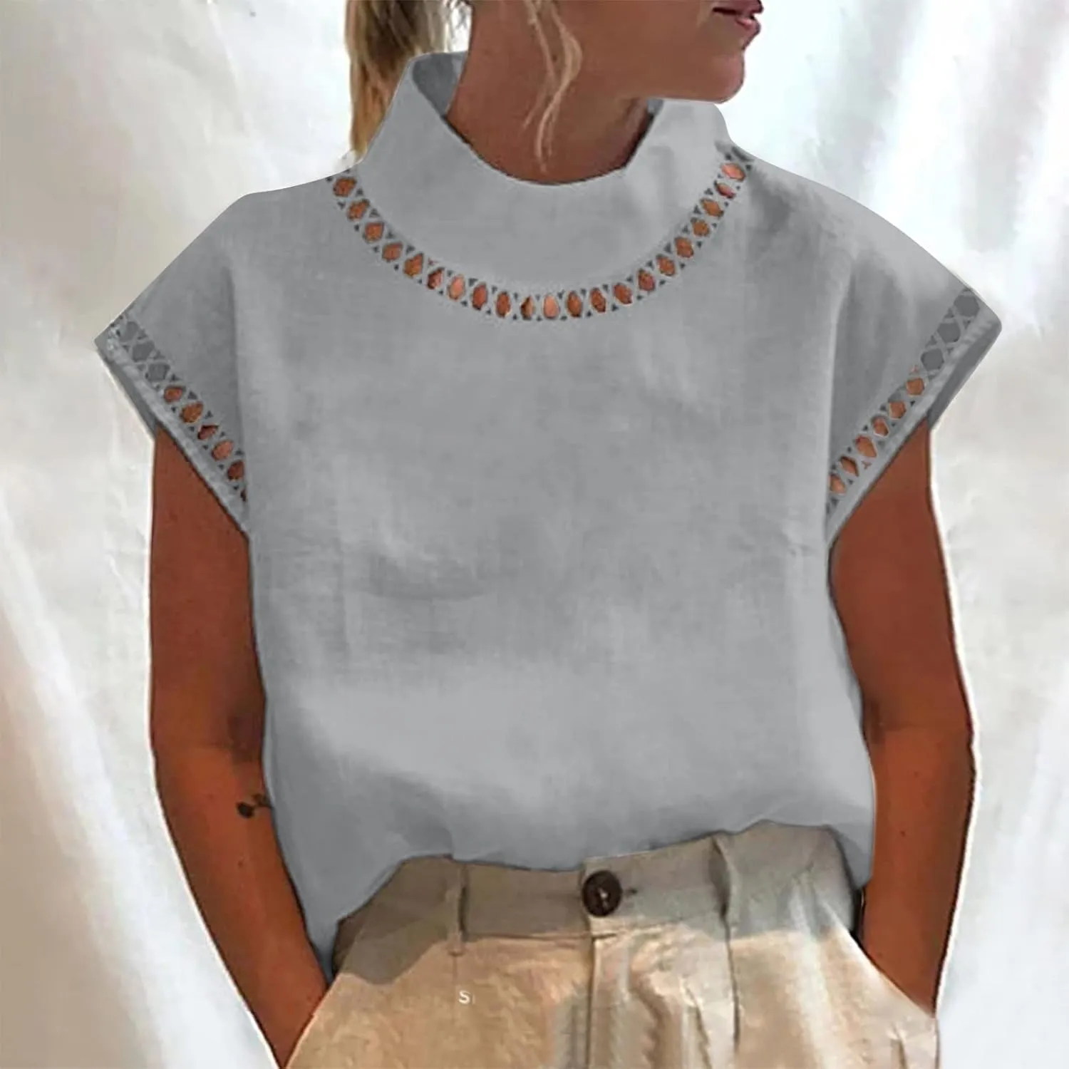 Womens Tshirts Cotton Linen High Neck Cap Sleeve Shirt Summer Fashion Casual Cotton Linen Blouses Trendy Tops