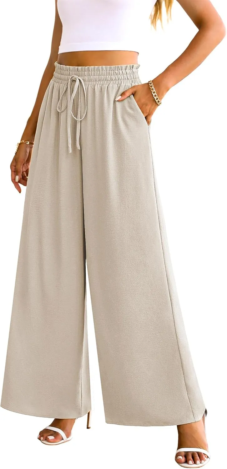 Women's Wide Leg Linen Pants High Waisted Flowy Palazzo Pants Lounge Loose Casual Work Pants Trousers Pockets
