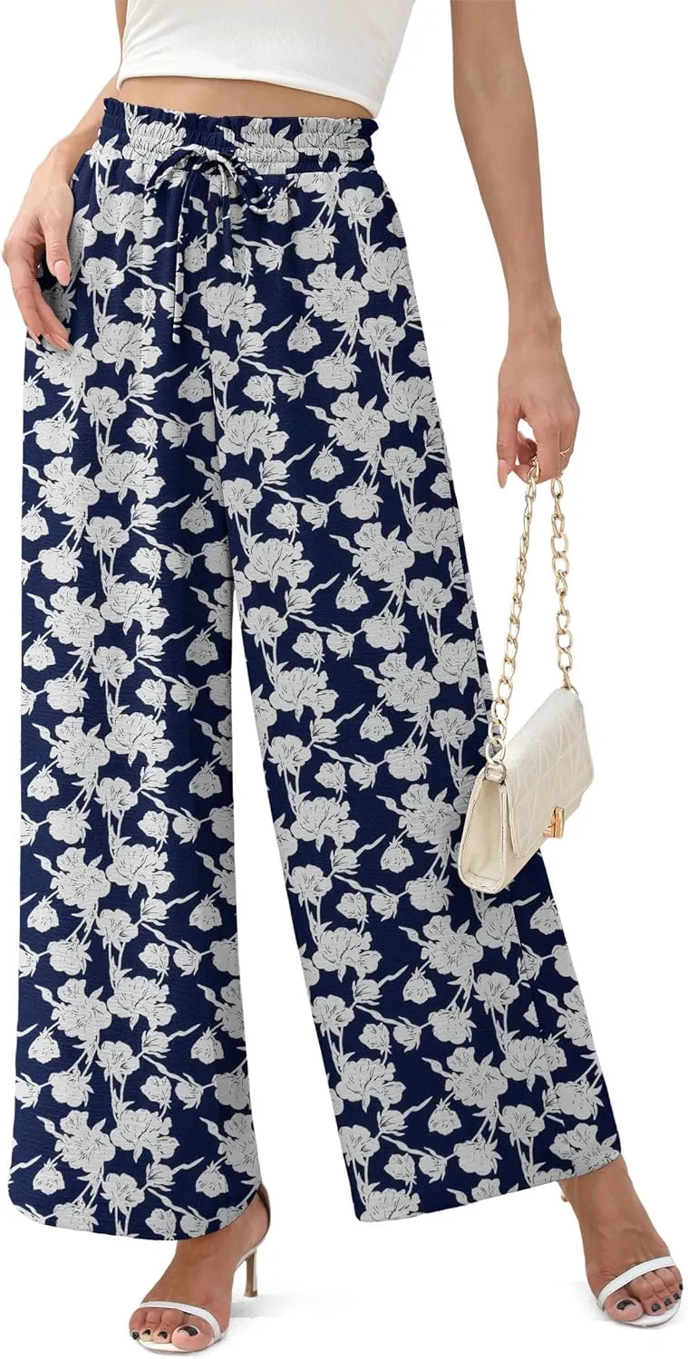 Women's Wide Leg Linen Pants High Waisted Flowy Palazzo Pants Lounge Loose Casual Work Pants Trousers Pockets