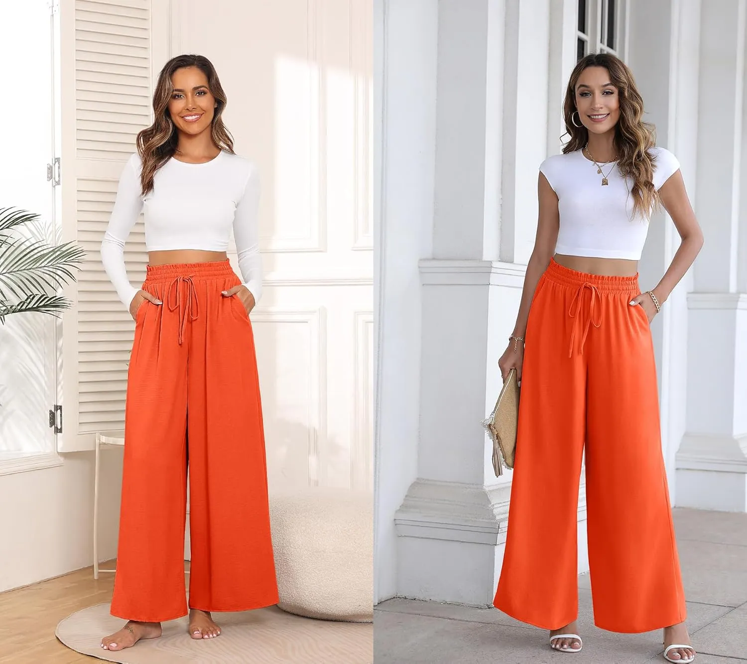 Women's Wide Leg Linen Pants High Waisted Flowy Palazzo Pants Lounge Loose Casual Work Pants Trousers Pockets
