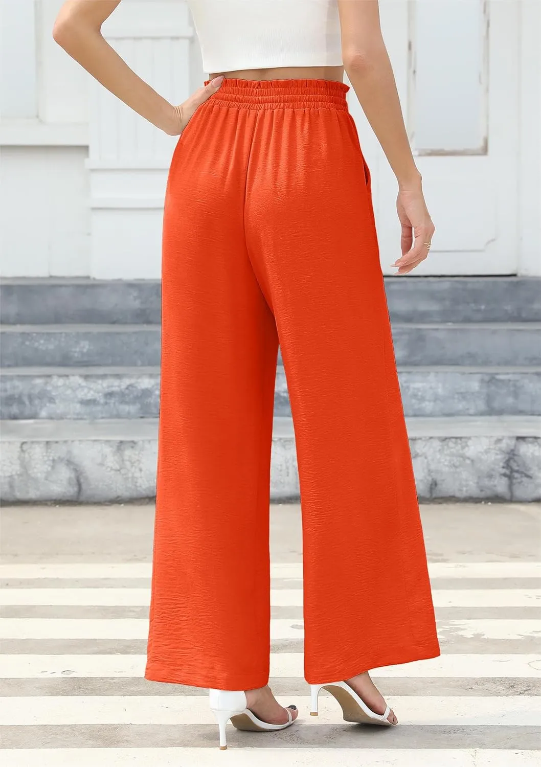 Women's Wide Leg Linen Pants High Waisted Flowy Palazzo Pants Lounge Loose Casual Work Pants Trousers Pockets