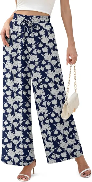 Women's Wide Leg Linen Pants High Waisted Flowy Palazzo Pants Lounge Loose Casual Work Pants Trousers Pockets