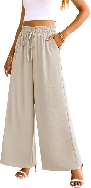 Women's Wide Leg Linen Pants High Waisted Flowy Palazzo Pants Lounge Loose Casual Work Pants Trousers Pockets