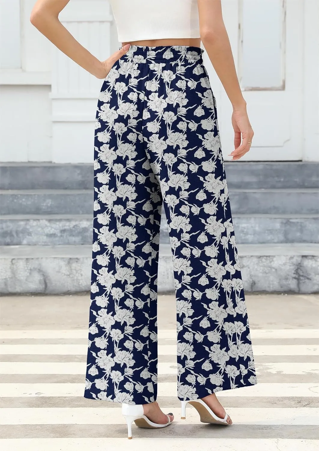Women's Wide Leg Linen Pants High Waisted Flowy Palazzo Pants Lounge Loose Casual Work Pants Trousers Pockets