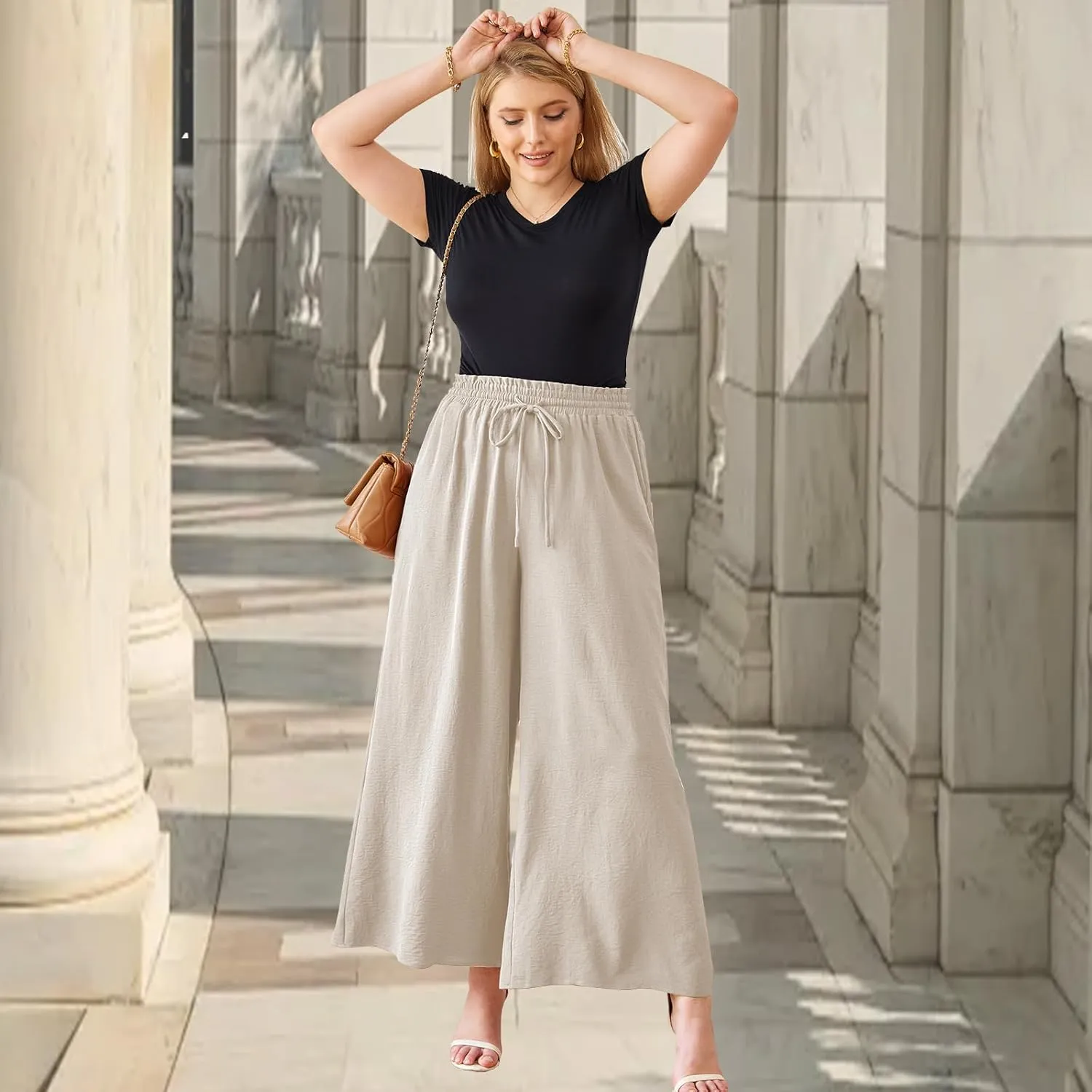 Women's Wide Leg Linen Pants High Waisted Flowy Palazzo Pants Lounge Loose Casual Work Pants Trousers Pockets