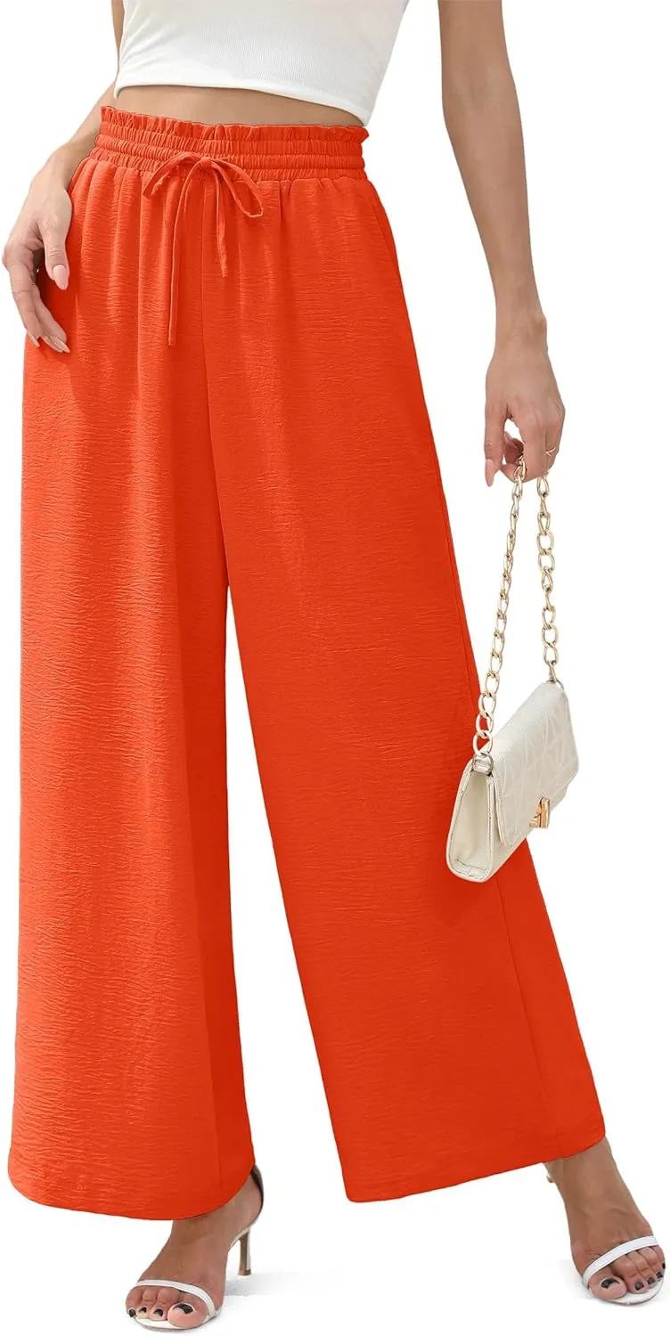 Women's Wide Leg Linen Pants High Waisted Flowy Palazzo Pants Lounge Loose Casual Work Pants Trousers Pockets