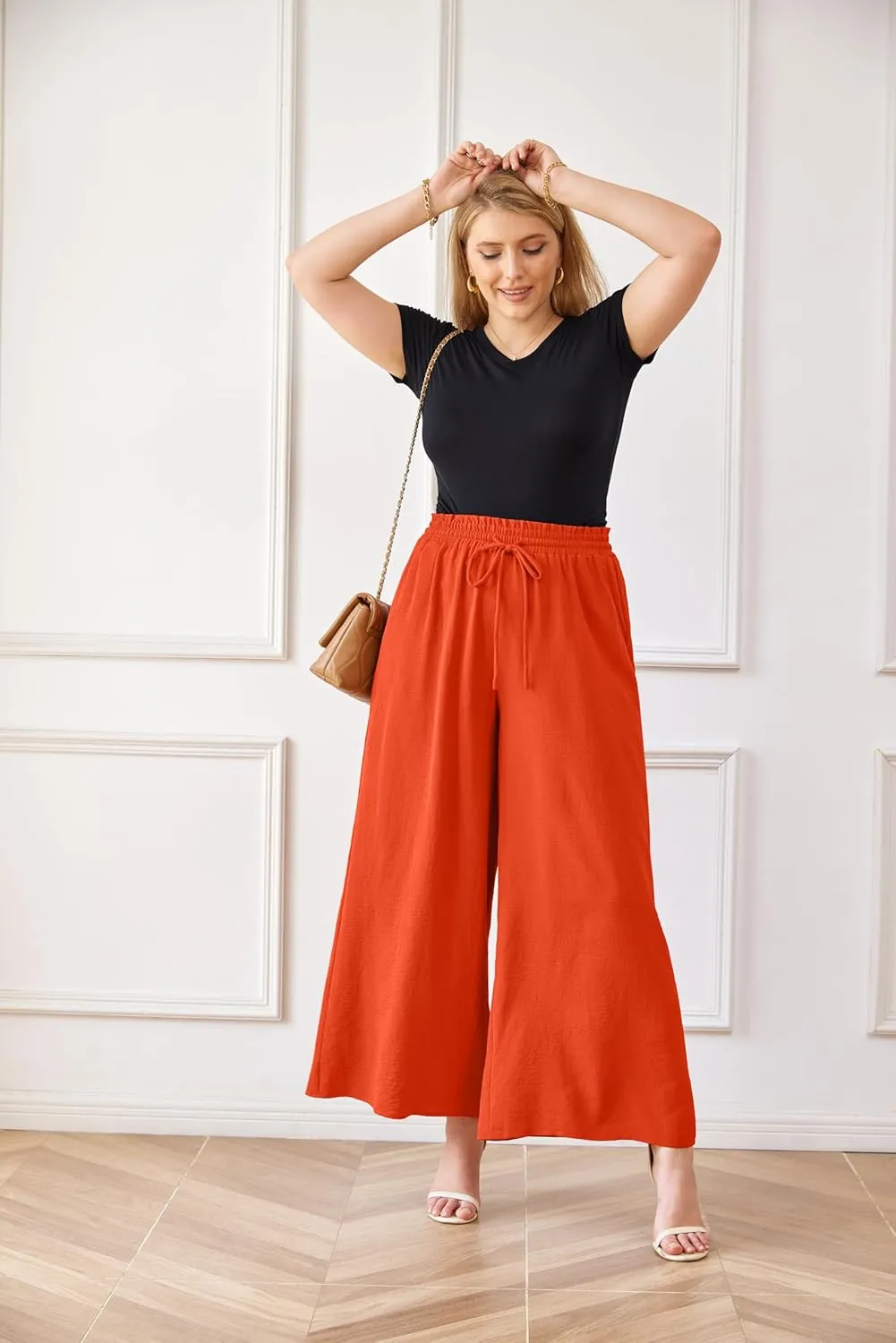 Women's Wide Leg Linen Pants High Waisted Flowy Palazzo Pants Lounge Loose Casual Work Pants Trousers Pockets
