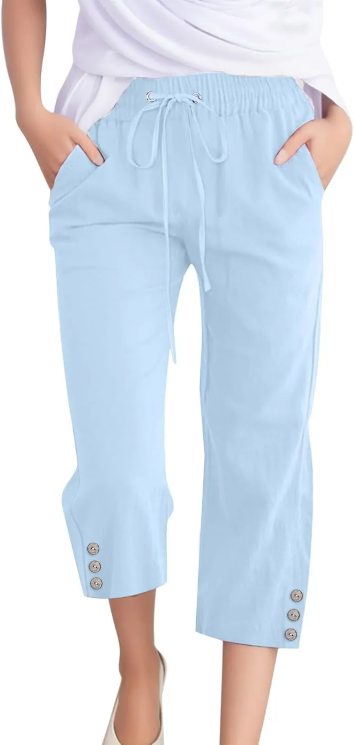 Womens Wide Leg Pants Cargo Capri Pants for Women Stretchy Button Business Dress Work Pocket Trousers Womens Baggy