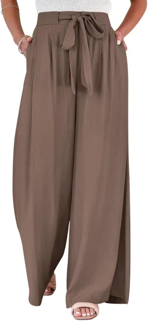 Womens Wide Leg Pants High Waisted Adjustable Tie Knot Flowy Casual Loose Business Work Trousers with Pockets