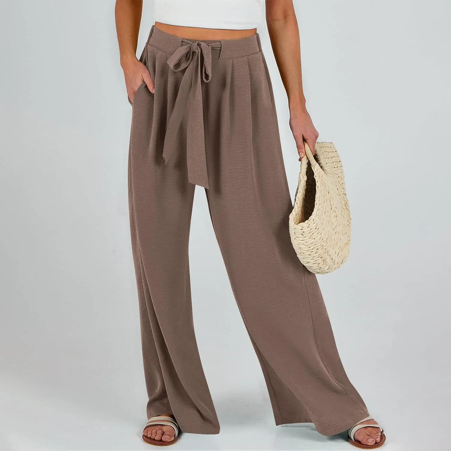 Womens Wide Leg Pants High Waisted Adjustable Tie Knot Flowy Casual Loose Business Work Trousers with Pockets